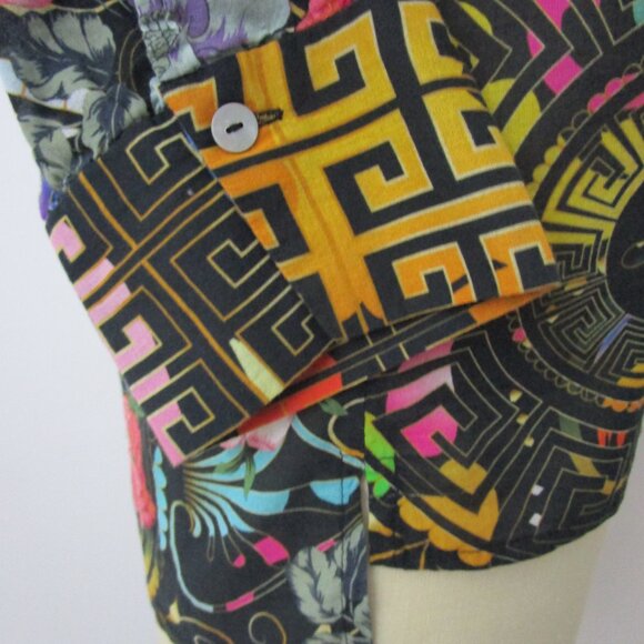 Vivid Floral Black Top Blouse Poly Keystone Bohemian - Picture 4 of 11